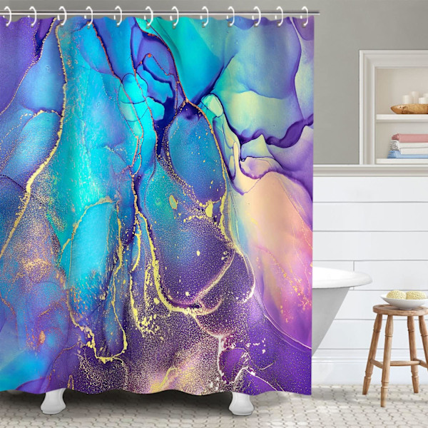 Duschdraperi i lila marmor - 183x183 cm badrumsset med 12 krokar (Rosa/Guld)