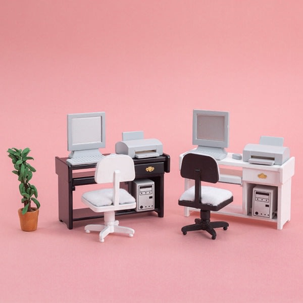 Mikro Miniatyr Møbler Tiny Småskalig leketøy Dukkehjem DIY Decora Mini 1:12 datamaskin skrivebord og stol kontor Hvit
