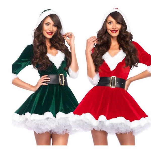Kvinnor Jul Fancy Festklänning Sexiga tomtekläder Huvtröja Jultomten Sweetie Cosplay Kostymer grön L