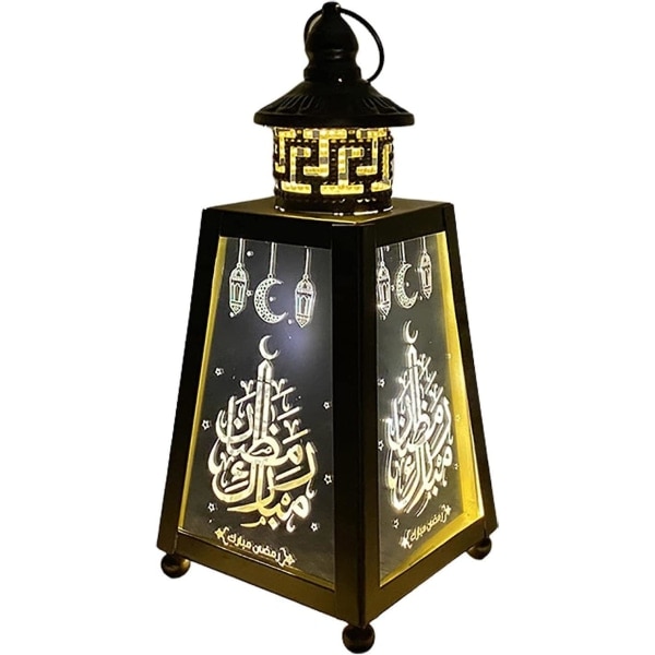 Dekorativ Ramadan-lykt med LED-lys, gyllen retro jernvindlykt hengende nattlys Eid-lykter for hjem muslimsk islamsk festivaldekor (h-3