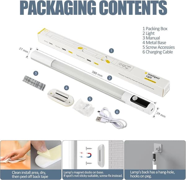 Underskåpsbelysning 2-pack, Rörelsesensor Garderobsbelysning Dimbar 3 Färgtemperaturer, 2000mAh Uppladdningsbar Magnetisk för Kök