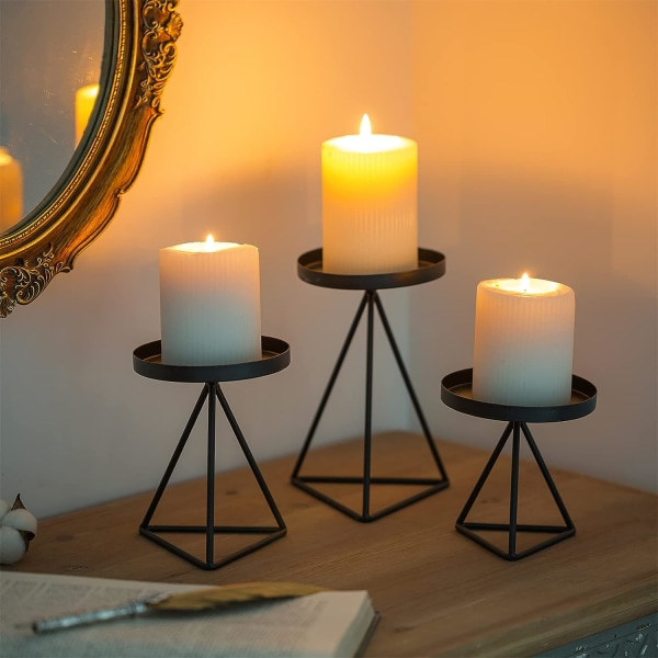 Metallpelare ljusstakar - Set med 3 kandelaber ljusstakar i svart, modern värmeljushållare geometrisk design mittpunkt för bröllop