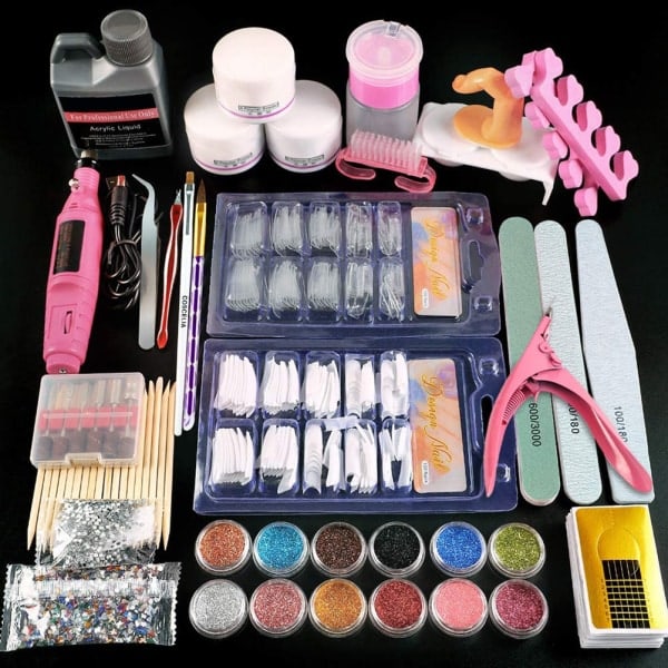 Akryl nagelset falska naglar komplett set tillbehör för manikyr nagelfilar bärbar nagelborrmaskin för DIY nagelkonst