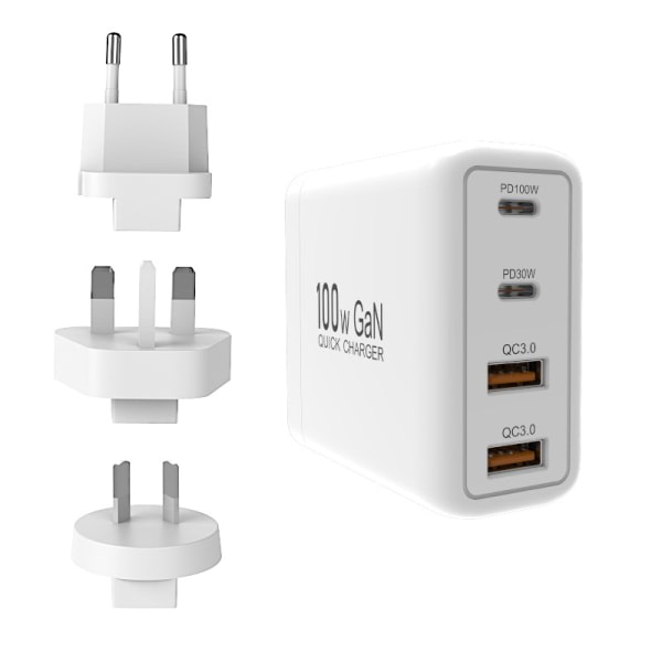 100W GaN reselader Dobbel USB-A Dobbel Type-C PD Hurtiglading US UK EU AU Pluggsett