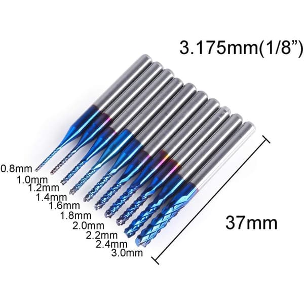 10 st Nano Blå Beläggning CNC Router Bit, 0.8-3mm, 1/8 Skaft