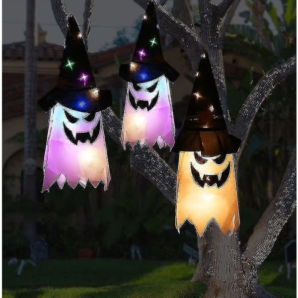 5 stk i en pakke Halloween-dekorasjon Ghost Led-lys Glødende skrekkrekvisita Spøkelse Heksehatt Hengelampe Farget lys