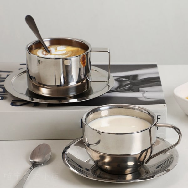 Kaffe Kop Dubbellager Varmebestandig Kaffe Kop Sæt Rustfrit Stål Sølv A2 Silver A2