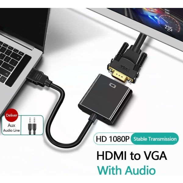 HDMI til VGA-adapter hdmi vga-adapter hdmi-adapter, 1080P vga til hdmi-konverter Kabelcomputer med 3,5 mm kabel Lydkabel Computerplade