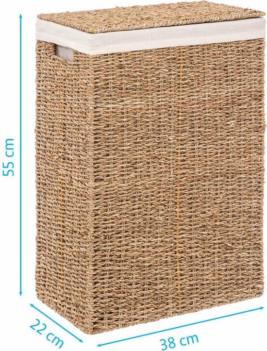 5Five Tvättkorg i flätad rotting med lock 40L Handvävd korg i rektangulär form för badrum sovrum tvättstuga Ljusbrun 38x23x55cm