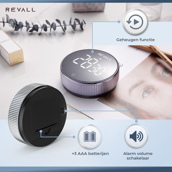 REVALL Digital kökstimer med magnetisk baksida, LED-display, justerbar volym, minnesfunktion, nedräkningstimer för matlagning, svart