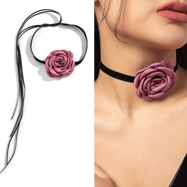 Vintage Temperament Rose Choker Sexy Myk Silke Satin Halskjede til Kvinner Mote Statement Middagsfest Krage Smykker Svart