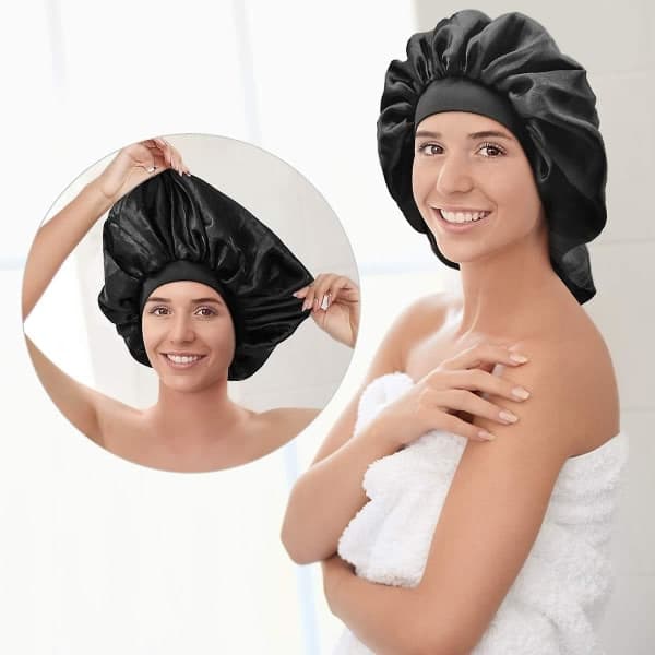 2 store satin hatte, store hårpleje hatte til damer