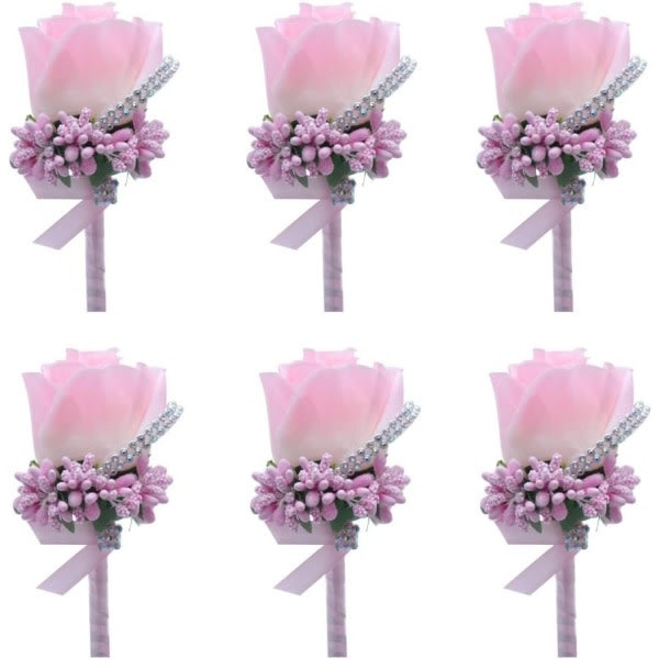 6 stk Kunstig Boutonniere Brud Boutonniere Corsage Rose Silkeblomst med nål og klips for bryllupsfest (lysrosa)