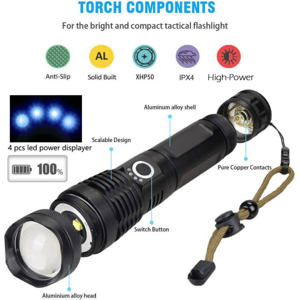 Ficklampa med Power Display, lång räckvidd, P70 teleskopisk zoom, USB uppladdningsbar nattlampa (stil 2)