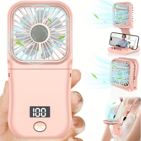 Bærbar håndholdt miniblæser med digital skærm, ultratynd foldehalsventilator, USB-genopladning 180° justerbar, 3-hastigheder, til personlig køling, rejser, sport Pink