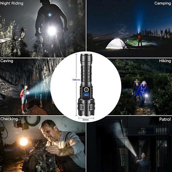 Vattentät Uppladdningsbar Ficklampa Super Stark, Portabel för Camping, Nödsituationer