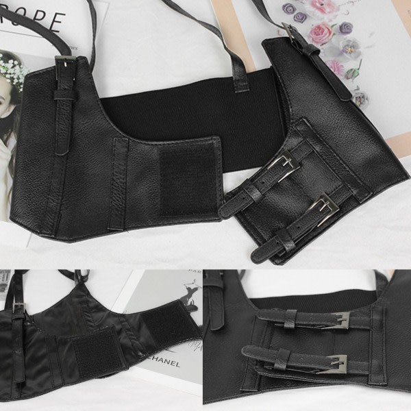 Underbyst Korsettop med Rem Push Up Bustier Midje Cincher Punk Lædersele Bælte Shapewear Punkvest