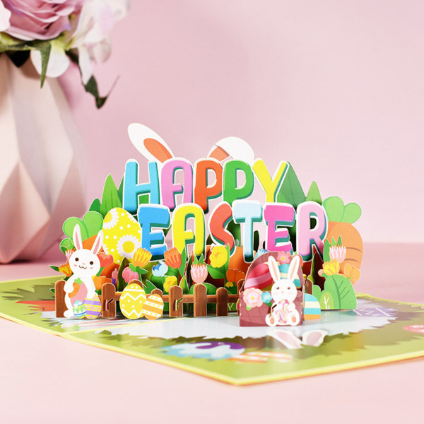3D Pop Up-kort Glad Påsk Hälsningskort Kanin Blomma Korg Vykort med Kuvert för Påskdagen Handgjorda Gåvor null - A