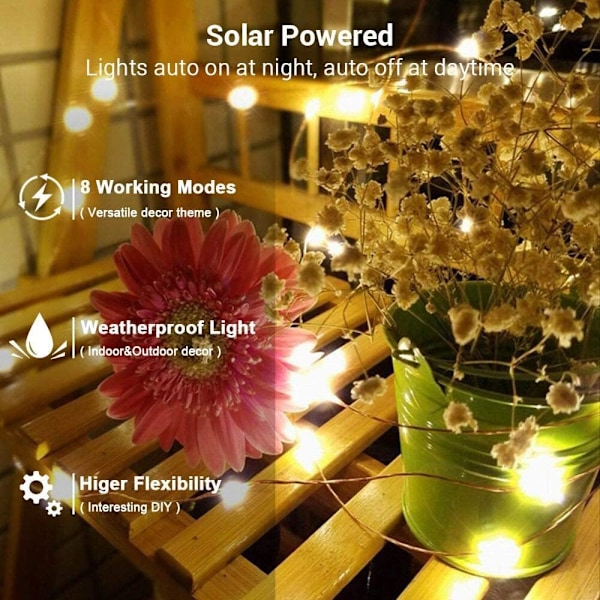 2 stk. solcelledrevne lyskæder, udendørs, 12 m, 120 LED, farverige julelys, udendørs, kobbertråd, vandtæt, 8 tilstande solcelledrevne lyskæder Varmvit 120 LED
