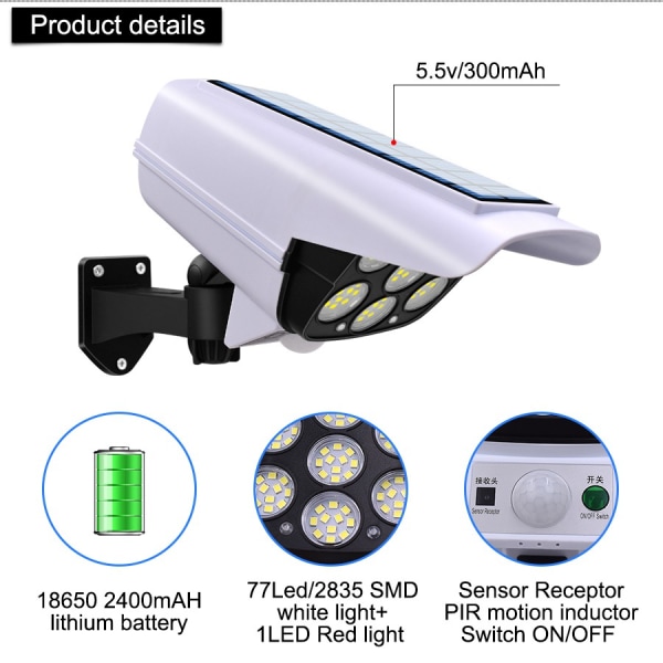 Solcellslampa med rörelsesensor 300W 77 SMD LED / Rörelsesensor / IP65 Vattentät Utomhusbelysning / Fjärrkontroll