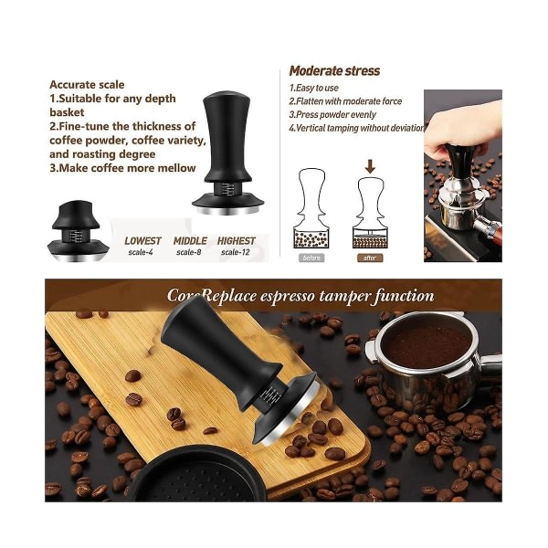51 mm Kaffetamper med Justerbart Djup, Graderad Espresso Fjäder, Kalibrerad