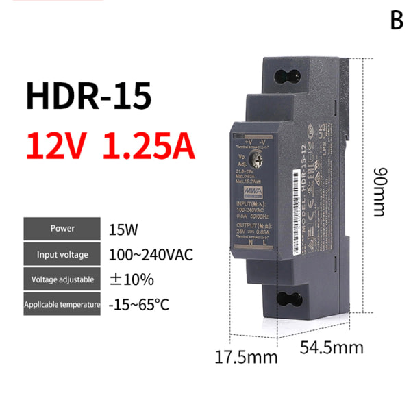 Rail Switching Power Supplies DC HDR-15W/30W-5V/12V/15V/24V Hal sort HDR-15-12V/1,25A black HDR-15-12V/1.25A