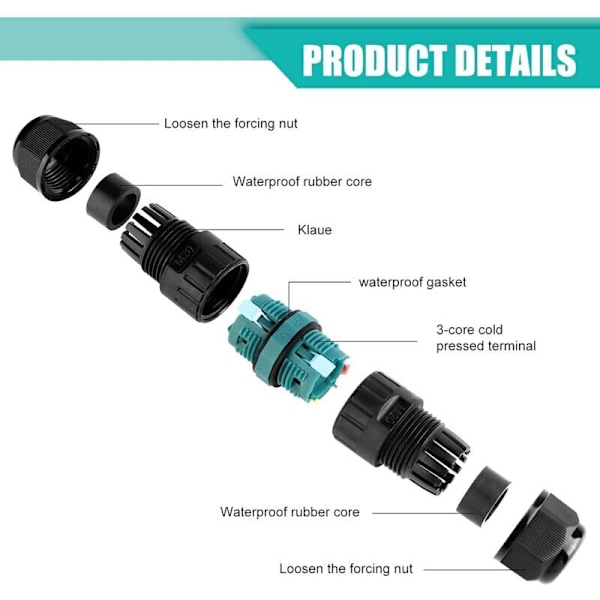 Set med 4 IP68 Vattentäta Elektriska Kontakter - 3-polig kontakt för Ø5-12 mm kabeldiameter, Utomhuskopplingsdosa för trädgård och underjord.