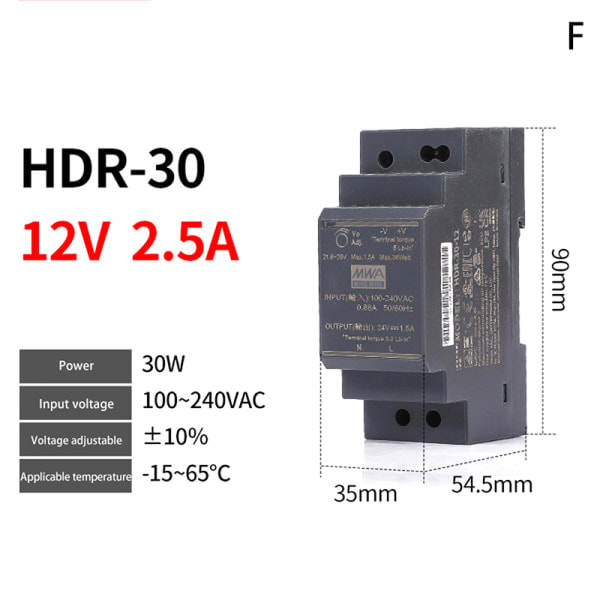 Skinneskiftende strømforsyninger DC HDR-15W/30W-5V/12V/15V/24V Hal sort HDR-30-12V/2.5A black HDR-30-12V/2.5A