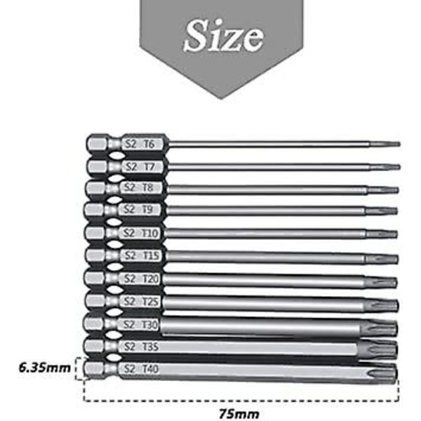11-osainen Torx-sarja, 1/4-tuumainen kuusiokolovarsi T6-t40 Magneettinen tähtitorx-pää Turvaruuvi Ruuvimeisseli Porauskärki Sähköruuvimeisselit Työkalutarvikkeet