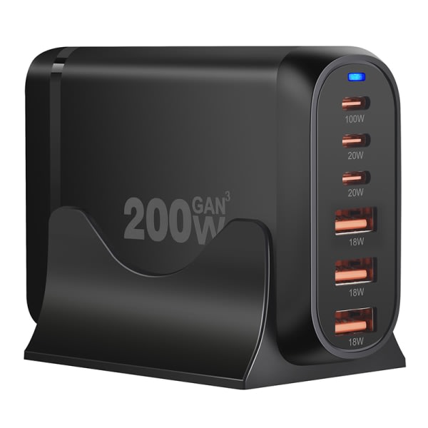 200 W 6-porttinen USB Type-C Snabbladdare Snabbladdning Monitoiminen EU-Plug