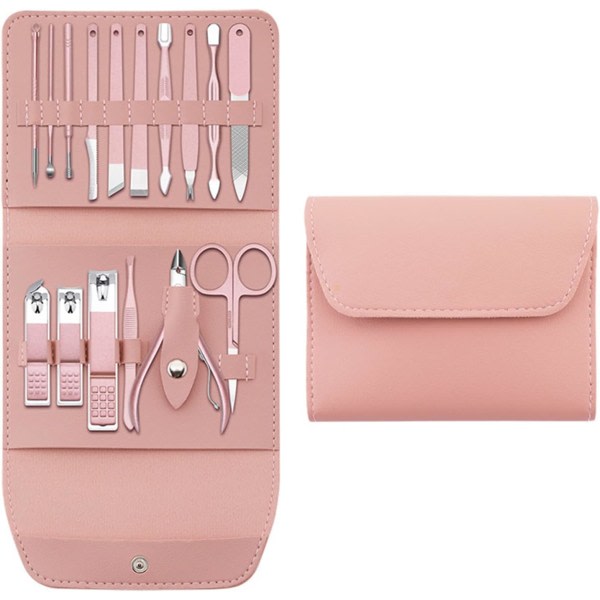 Negleklipper Bærbar Set - Manikyr Set Rustfritt Stål Negleklipper Set med sammenleggbar pose Manikyr Cutter Kit (16 STK/ SET, Rosa)