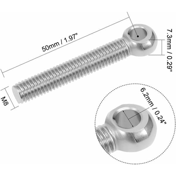2 stk. øjebolt løftering M8 x 50 mm rustfrit stål 304 gevind