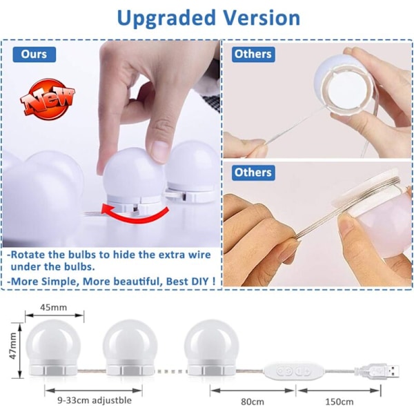 Spejllys kit til makeupbord dæmpbar led usb lampe 14 pærer 3 farver 10 lysstyrker selvklæbende