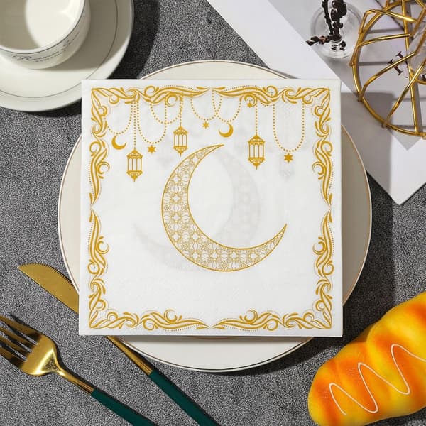 Ramadan papirservietter 20-pak 33x33 cm, guld måne- og lantedesign, absorberende engangsservietter til Iftar-borddækning