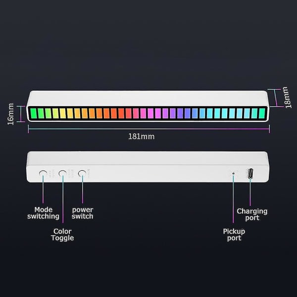 Rytm Ljudstyrd Rgb-ljus Musik Ambient Light 32 Led Färgglad Lampa Type-c Uppladdningsbar Vit White