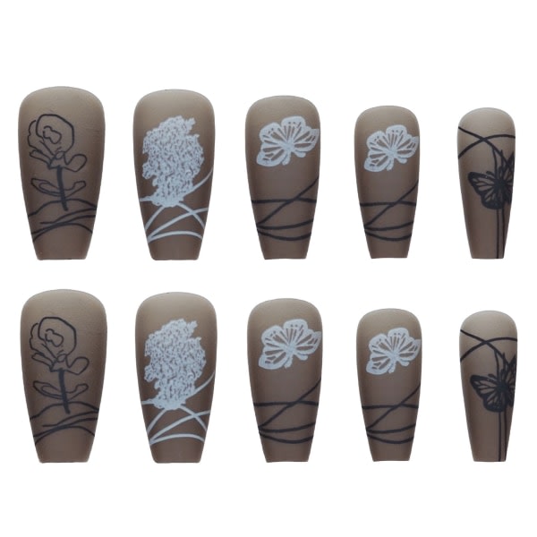Tryck på naglar Medellånga Butterfly Fake Nails Svarta Matta False Nails Långa Faux Nails Art Cover Akrylnaglar