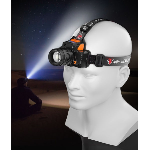 Huvudlampa Kraftfull Zoomstrålkastare USB Laddningsbar Utomhus Multifunktionsficklampa, Vit Ljus, T8 Wick