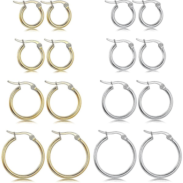 (8 par (4 par vitt, 4 par guld)) Set små bågeörhängen i rostfritt stål för kvinnor