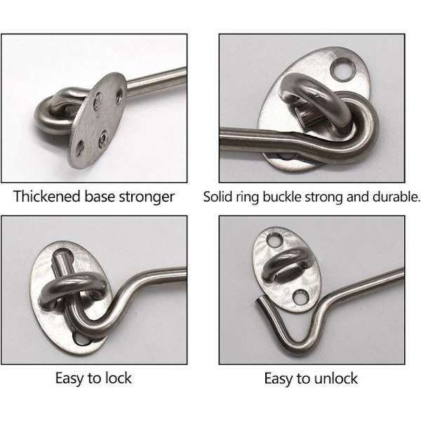 Hyttkrokar, 4-pack 30 cm Tjocka Solida Rostfria Fönsterkrokar med Monteringsskruvar för Ladugårdsdörr, Badrum, Skjutdörr (Silver)
