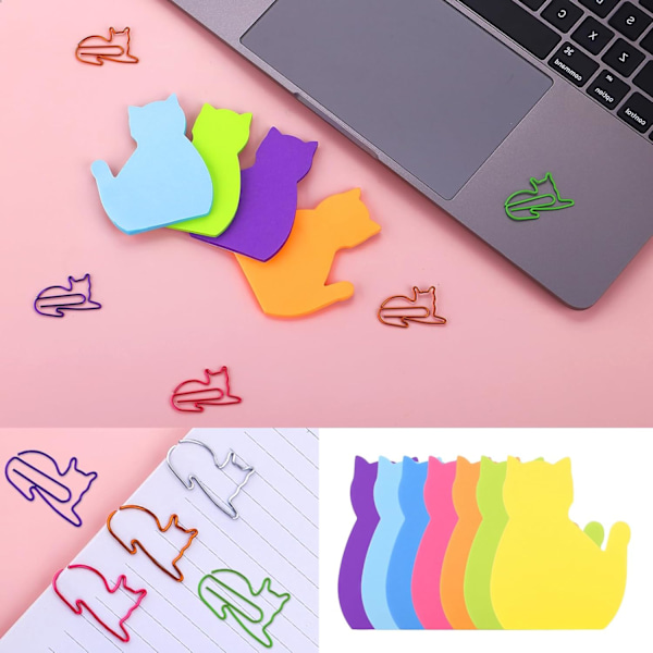 7 Pakk Søte Katt Sticky Notes - Kawaii Memo Pads med Papirklips for Skole og Hjem a