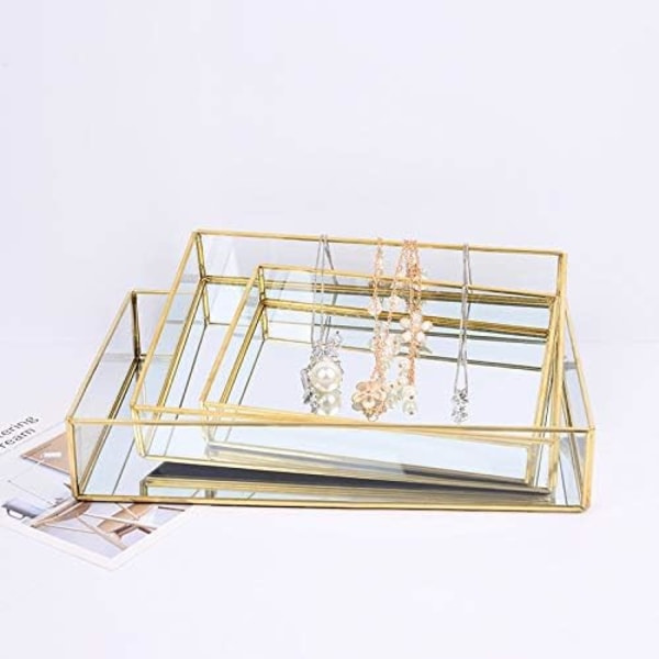 Guld spejlbakke Parfumevisning Smykkearrangør Makeupbakke Serveringsbakker Smuk kunstdekoration Spejlbakke Badeværelsesbakker (guld, 20*14*3,5 cm)