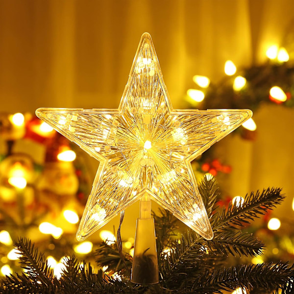 Topper juletre stjerne, 11 LED 19,4 cm julestjerne juletre varmt hvitt batterilys juledekorasjon pentagram lampe varm vit 11 LED