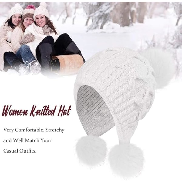 Stickad mössa för kvinnor, varm mössa för vintermössa med Pom Pom Bobble-mössa stil med vindtät öronlapp (vit)