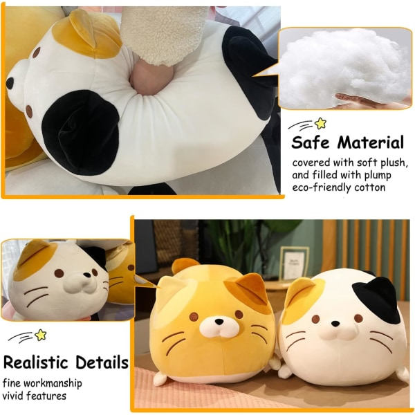 13,7 tommer søt katt plysj pute fylt squishy dyr sylindrisk kroppspute, supermyk fet katt Knubbig kattunge Sov Kawaii pute-hvit