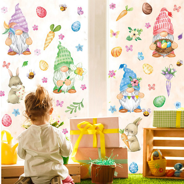 Happy Easter Vindu Dekal Gnome Kanin Egg Vegg Dekal Statisk Glass Dekaler Selvklebende Kjøleskap Klistremerker null - C