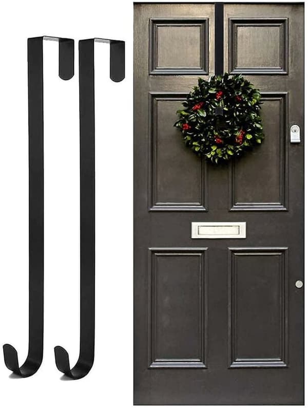 Julekranskroge til døre - Sæt med 2 - Metalkransholdere - Krog - Julekranskroge - Velegnet til hoveddøre - Sort - 2,2 x 38 cm