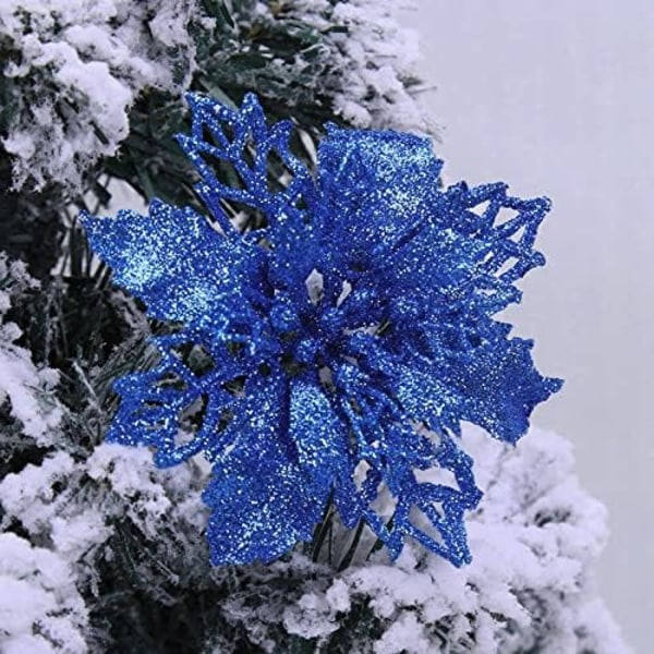 10 st Julblommor Stora (9 cm) Julstjärna Glitter Blomma Julgran Hängningsfest Juldekor (kungligt blå)