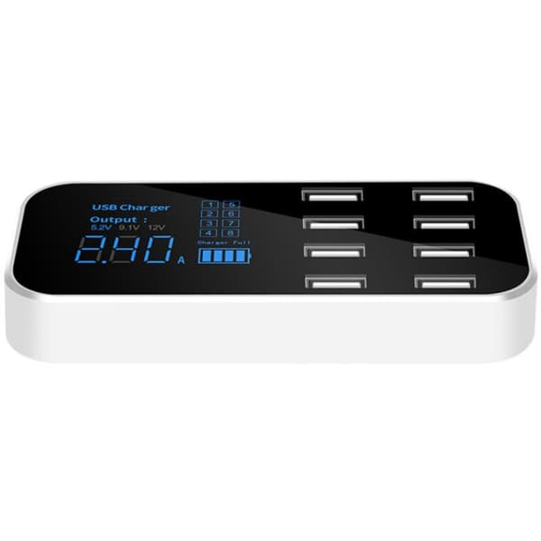 A9S Hurtig Biloplader 8 Porte Multi USB LCD-skærm Telefonoplader 12V USB-hub Til Telefon Tablets DVR, Sort