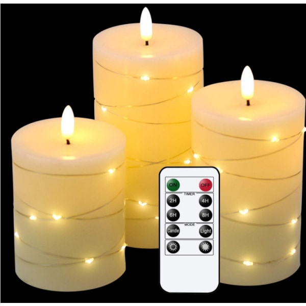 LED-lys 360 graders visningsvinkel, stjerneklart lyslenker, 3-pakning LED-lys, med 10 knappers fjernkontroll, 24-timers timerfunksjon, dansende flamme