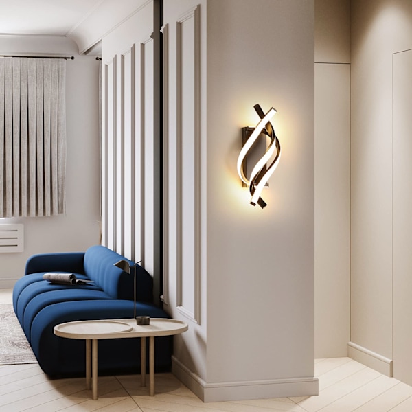 LED væglampe, indendørs væglampe moderne 26W, indendørs væglampe LED buet design, 3000 K varmt hvidt lys, sort, til soveværelse, studie
